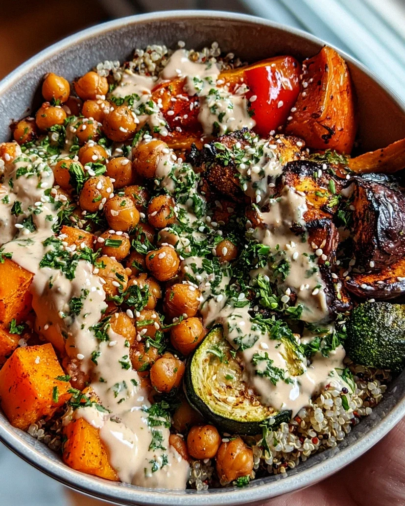 Schüssel mit geröstetem Gemüse und Kichererbsen mit Tahini-Dressing