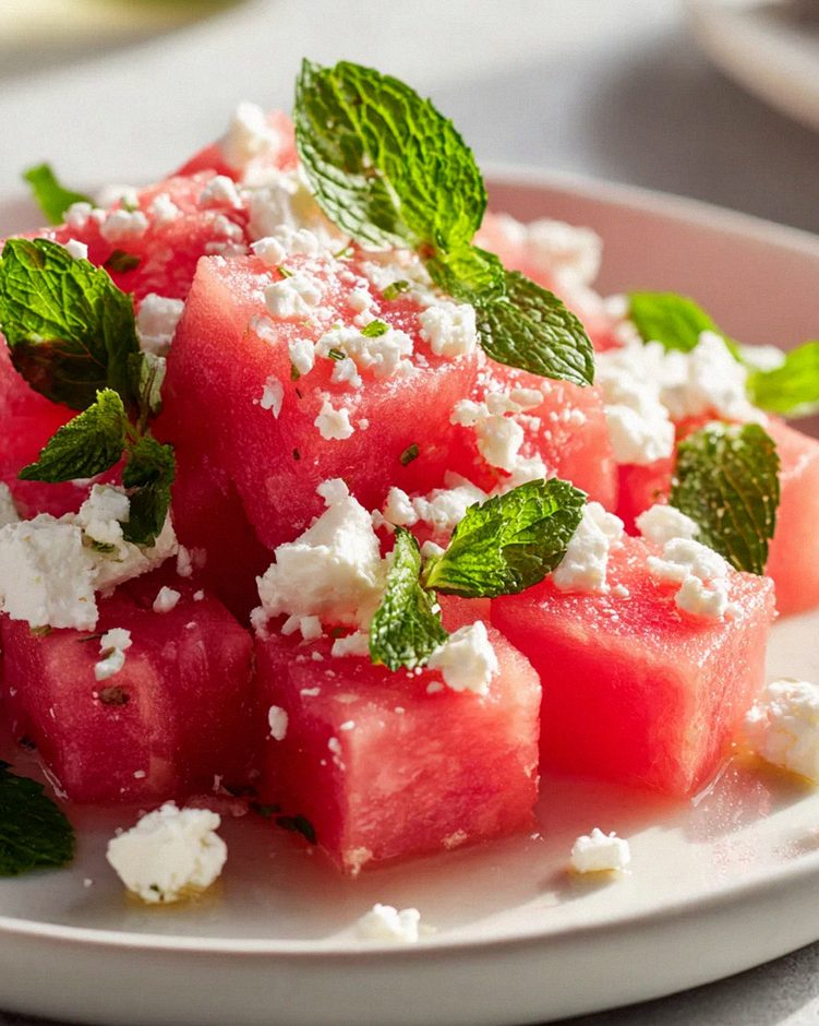 Sommerlicher Wassermelonen Feta Salat mit Minze Rezept